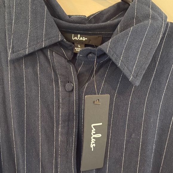 Lulus Navy Pinstripe Shirt Dress - Picture 3 of 5